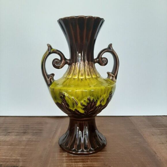 Japanese Ceramic drop glaze urn Vase Brown and Yellow - Picture 7 of 10